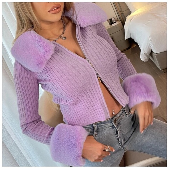 The Neena Purple Faux Fur Trim Sweater - Picture 3 of 8